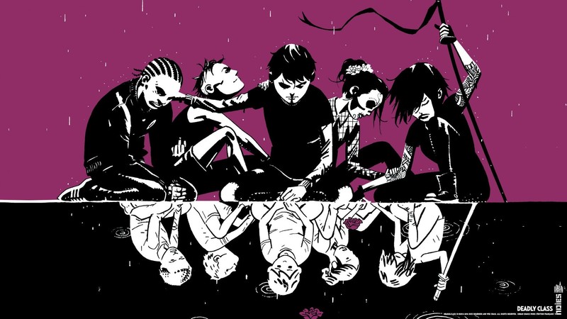 Deadly Class, comic art, purple background, anime, anime girls, anime boys