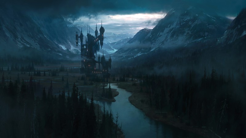 castle, landscape, fantasy art, mountains, nature, dark, artwork, Castlevania (anime)