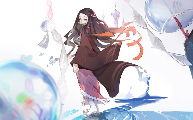 Kamado Nezuko, Kimetsu no Yaiba, anime, manga, anime girls, dark hair, long hair, looking at viewer, crying, tears, kimono, demon girls, bokeh, white background, artwork, 2D, digital art, drawing, illustration, fan art, gagged