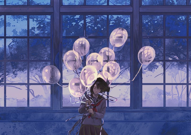 balloon, sailor uniform, uniform, anime, window, trees, anime girls