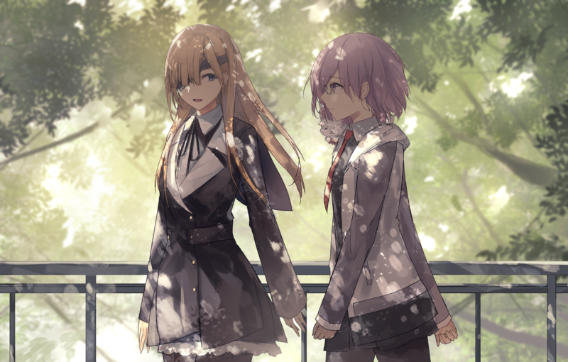 Fate/Grand Order, Mashu Kyrielight, dappled sunlight, trees, walking, talking, smiling, anime, anime girls, purple hair, long hair, glasses, eye patch