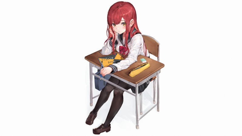 anime girls, original characters, redhead, long hair, looking at viewer, schoolgirl, school uniform, sailor uniform, sitting, desk, chair, pantyhose, artwork, 2D, drawing, digital art, white background, simple background, Wait_ar, anime