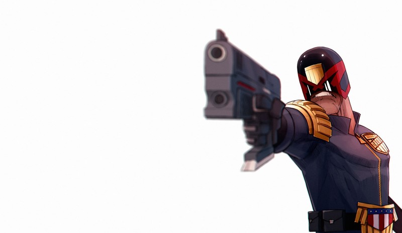 simple background, white background, gun, weapon, Judge Dredd