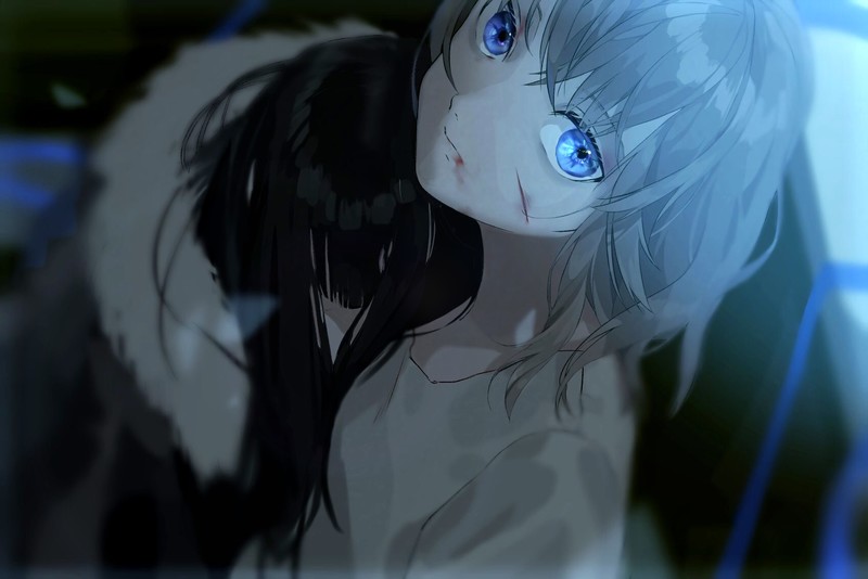 glowing eyes, anime, stare, scratches, blood