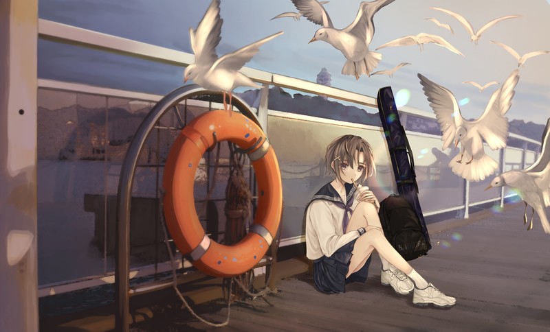 smoking, seagulls, sea, birds, schoolgirl, school uniform, backpacks, fence, anime