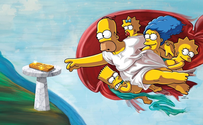 The Simpsons, humor, cartoon, artwork, TV Remote, Homer Simpson, Marge Simpson, Bart Simpson, Lisa Simpson, Maggie Simpson, The Creation of Adam