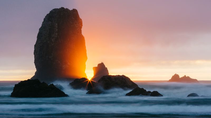 ocean, rock, sunset, rays, surf, 4k