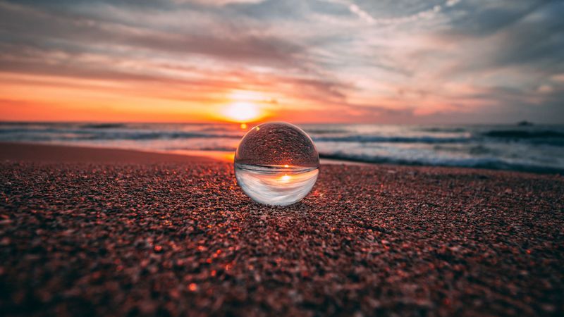 ball, glass, reflection, sea, sunset, shore, 4k