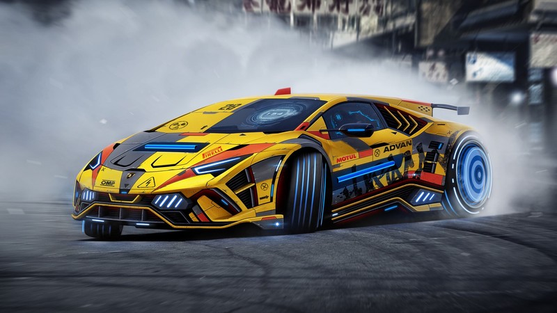Lamborghini, luxury cars, race cars, car, futuristic, cyberpunk, science fiction, drift, Drifting, smoke, artwork, digital art, depth of field, Dmitry Strukov, vehicle