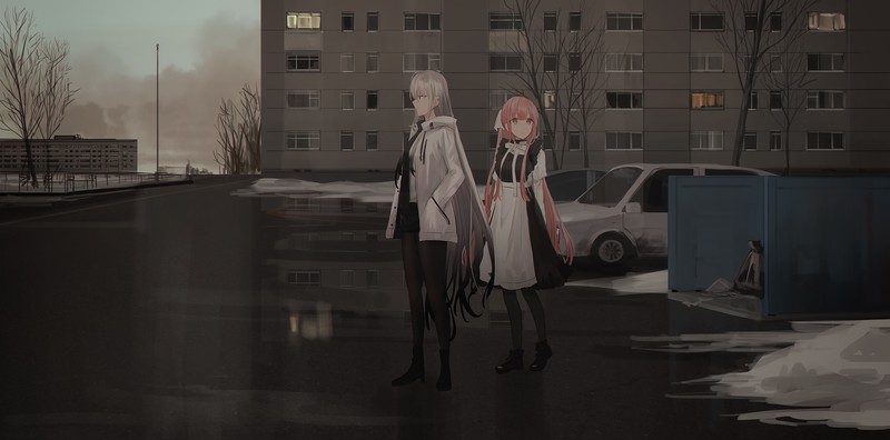 anime girls, original characters, white hair, pink hair, long hair, profile, tie, jacket, short shorts, dress, maid, building, snow, winter, urban, environment, artwork, digital art, drawing, anime, Chihuri 45, pantyhose, black pantyhose