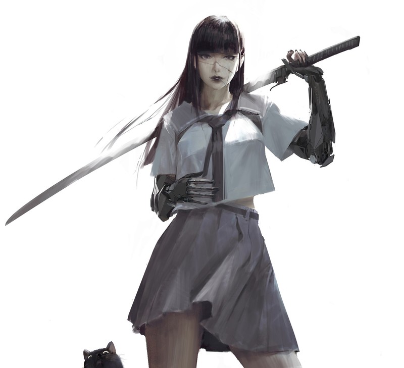 anime girls, simple background, black hair, frontal view, 2D, school uniform, cyborg, women with swords, katana, JK, thighs, black cats, dark lipstick, long hair, scars, black eyes, big boobs, lolipop, Amama L, original characters