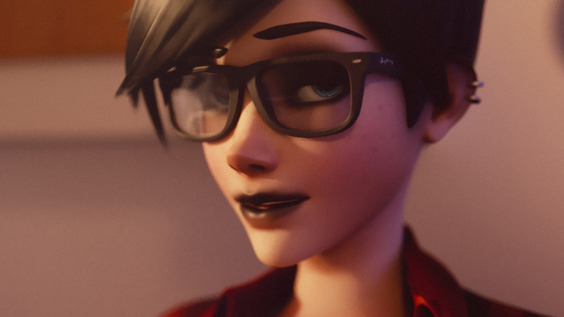 Tracer (Overwatch), Overwatch, glasses, render, dark lipstick, face