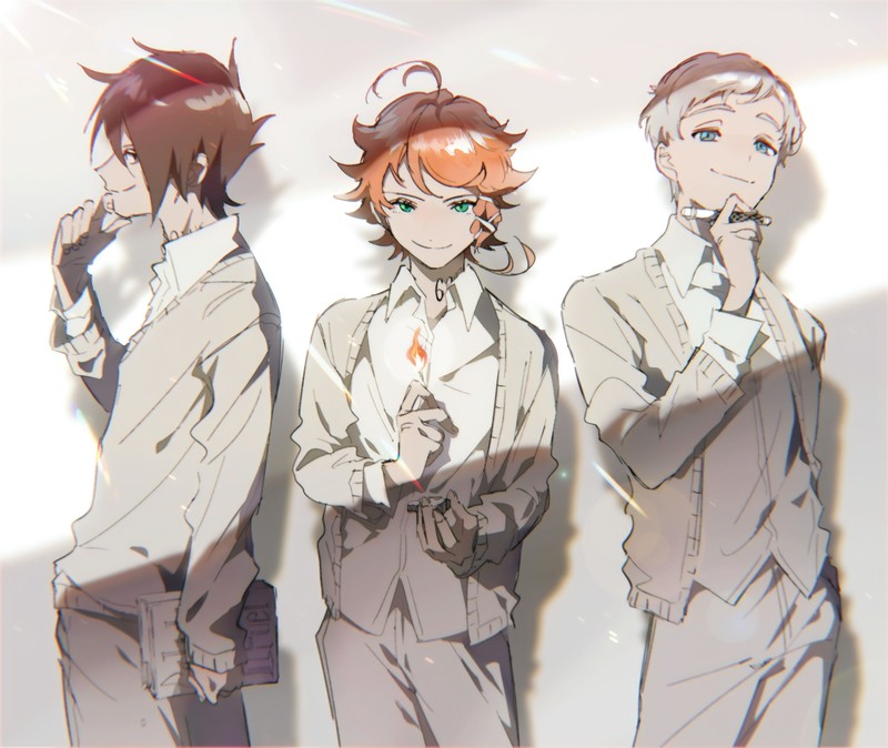 The promised neverland, matchstick, pen, books, smiling, anime