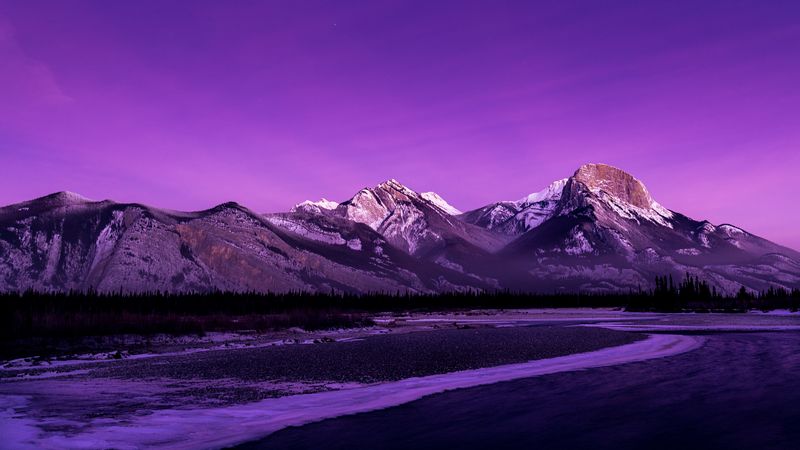 mountains, peaks, dusk, purple, 4k