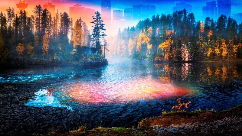 landscape, cityscape, digital art, nature, trees, glowing