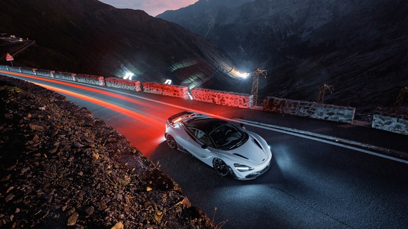 car, sports car, McLaren, supercars, long exposure, night, light trails, mountains, McLaren 720S, valley, high angle