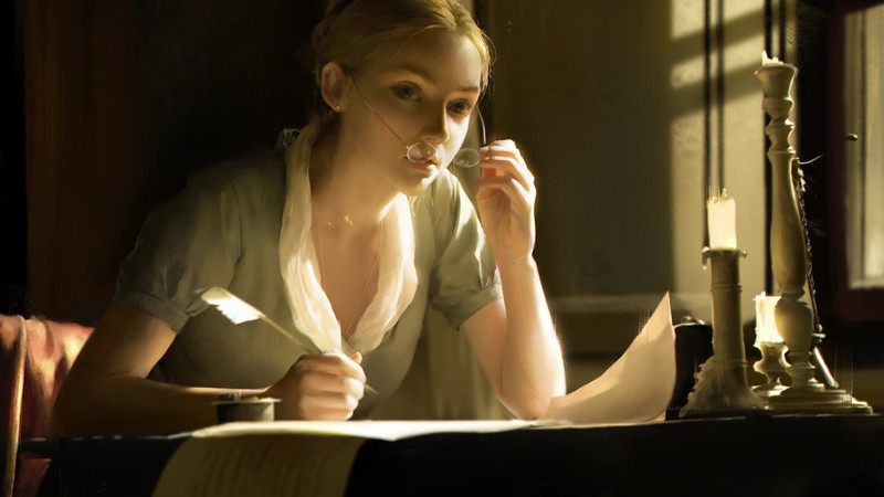 women, long hair, artwork, painting, women with glasses, candles, writing, glasses, paper, feathers, table, movies, fan art, blonde