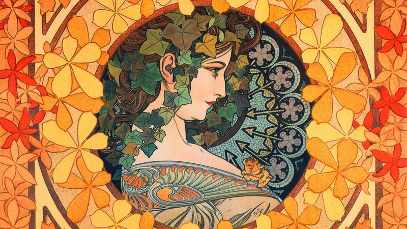 women, long hair, artwork, painting, Alphonse Mucha, leaves, mosaic, brunette, portrait, face, profile, traditional art, Art Nouveau