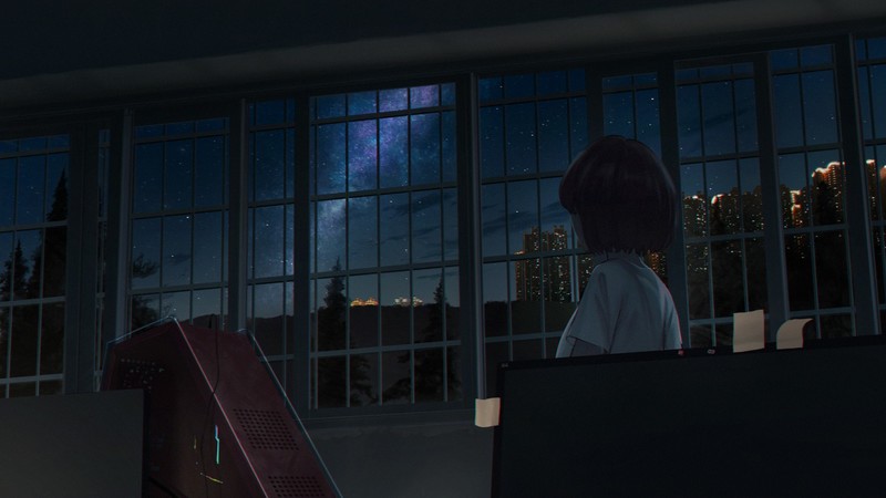 stars, night, anime, window, city, city lights, trees, room, alone, moescape