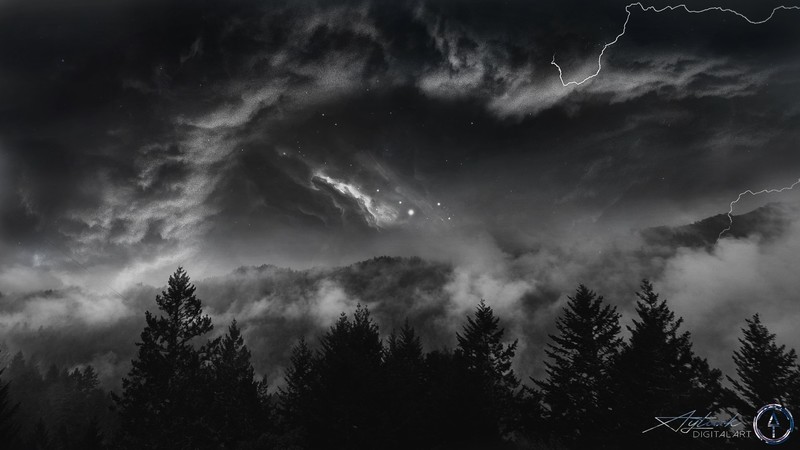 storm, lightning, nature, digital, photo manipulation, photomontage, landscape, forest, artwork, mountains, gray