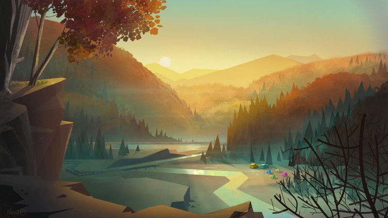 landscape, sunlight, nature, digital art, river, road