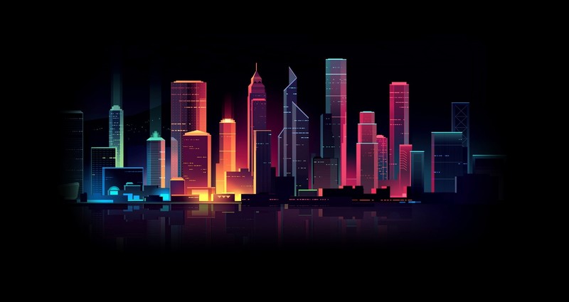 neon, digital art, simple background, black background, cityscape, skyline, Romain Trystram, city