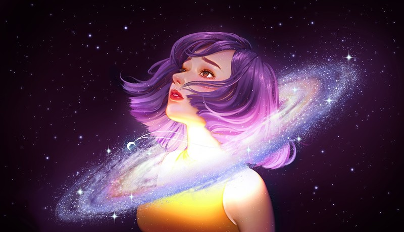 digital art, galaxy, nebula, women, purple background, purple hair, stars, yellow shirt