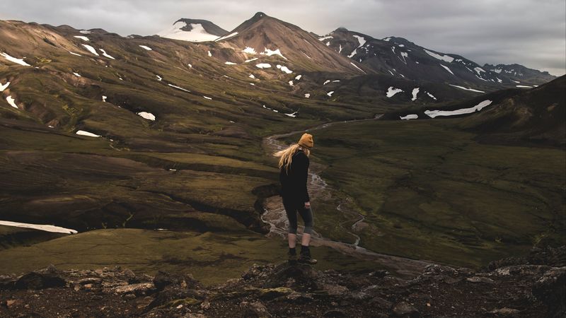 mountains, girl, trip, walk, tourist, 4k