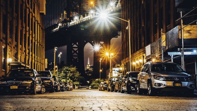 night city, street, bridge, cars, parking, 4k
