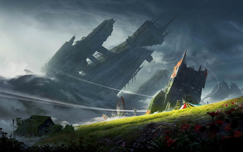 science fiction, artwork, landscape, sky, building