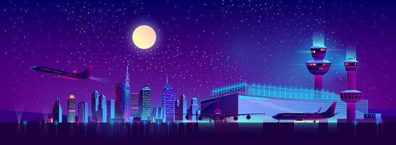 artwork, city, night, airport, lights