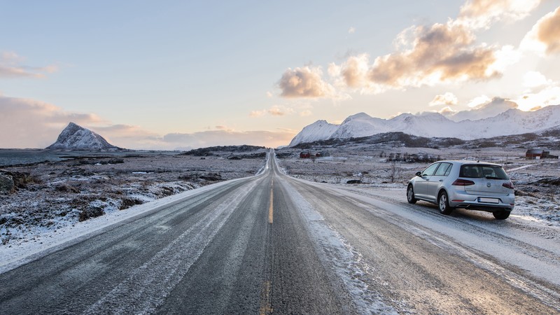 Norway, Lofoten, Lofoten Islands, car, road, cold, landscape, mountains, hill, hills, sunrise, orange sky