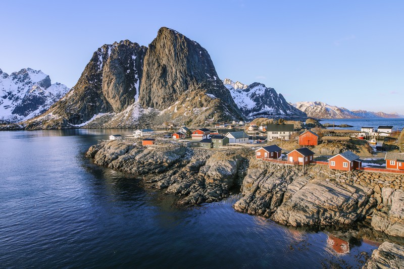 Norway, Lofoten, Lofoten Islands, nature, landscape, Europe, hill, mountains, hills, cold, outdoors, Reine, cabin, red, snow