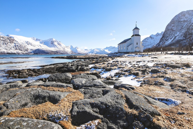 Norway, Lofoten, Lofoten Islands, nature, landscape, Europe, hill, mountains, hills, cold, outdoors, snow, church, chapel, beach
