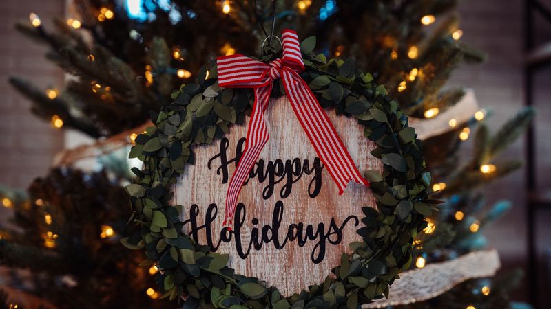 christmas, new year, wreath, inscription, bow, 4k