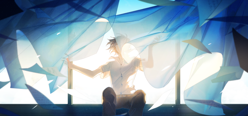 curtains, paper, wind, alone, arms up, anime, Male, uniform, bright