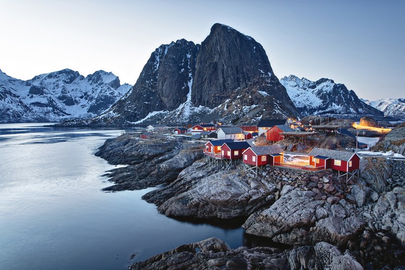 Norway, Lofoten, Lofoten Islands, nature, landscape, Europe, hill, mountains, hills, cold, outdoors, Reine, cabin, red, snow