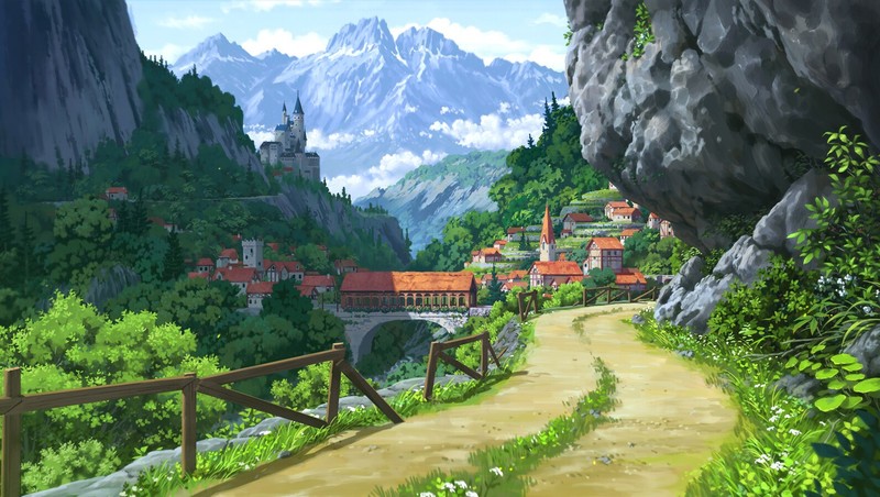 landscape, artwork, village, castle