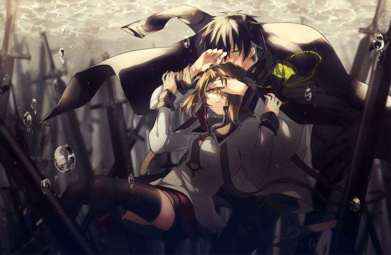 underwater, water, sword, bubbles, covered eyes, floating, Male, anime girls, anime, anime boys