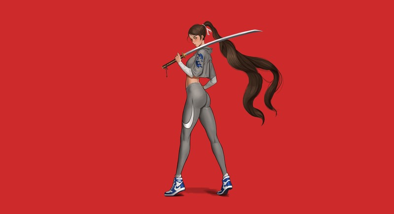 red background, simple background, sword, women, katana, warrior, long hair, artwork, Nike, girls with swords, sportswear