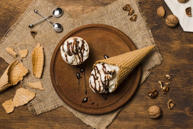 ice cream, chocolate, food, sweets, walnuts, cutting board, spoons, wooden surface