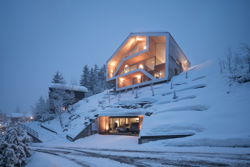 modern, house, cabin, snow, winter, architecture, garages
