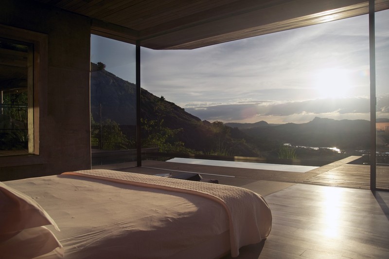 modern, landscape, mountains, room, bedroom, window, Sun, bed