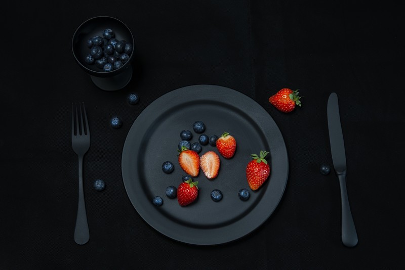 food, strawberries, fork, knife, fruit, berries, blueberries, knife and fork, black, black background