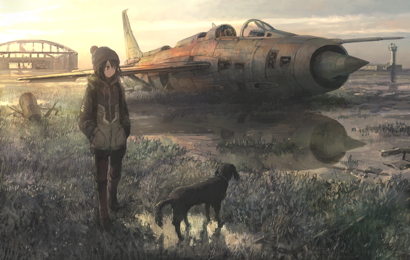 anime, anime girls, original characters, dog, dark hair, airplane