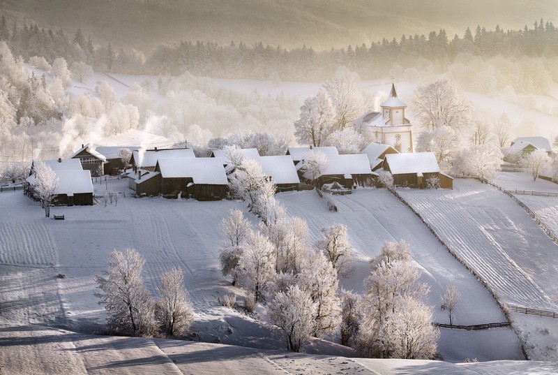winter, landscape, village, snow, church