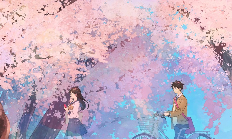 cherry blossom, nature, spring, sailor uniform, school uniform, bicycle, earphones, blushing, trees, anime