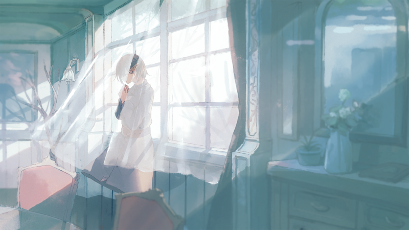 room, curtain, anime, window, wind, smiling, vase, flowers