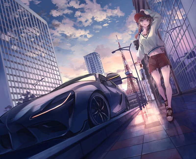 anime, anime girls, original characters, street, car