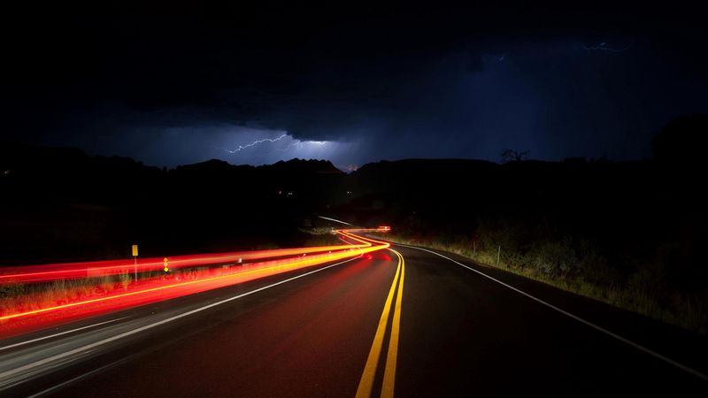 thunderstorm, lightning, road, night, markup, turn, 4k
